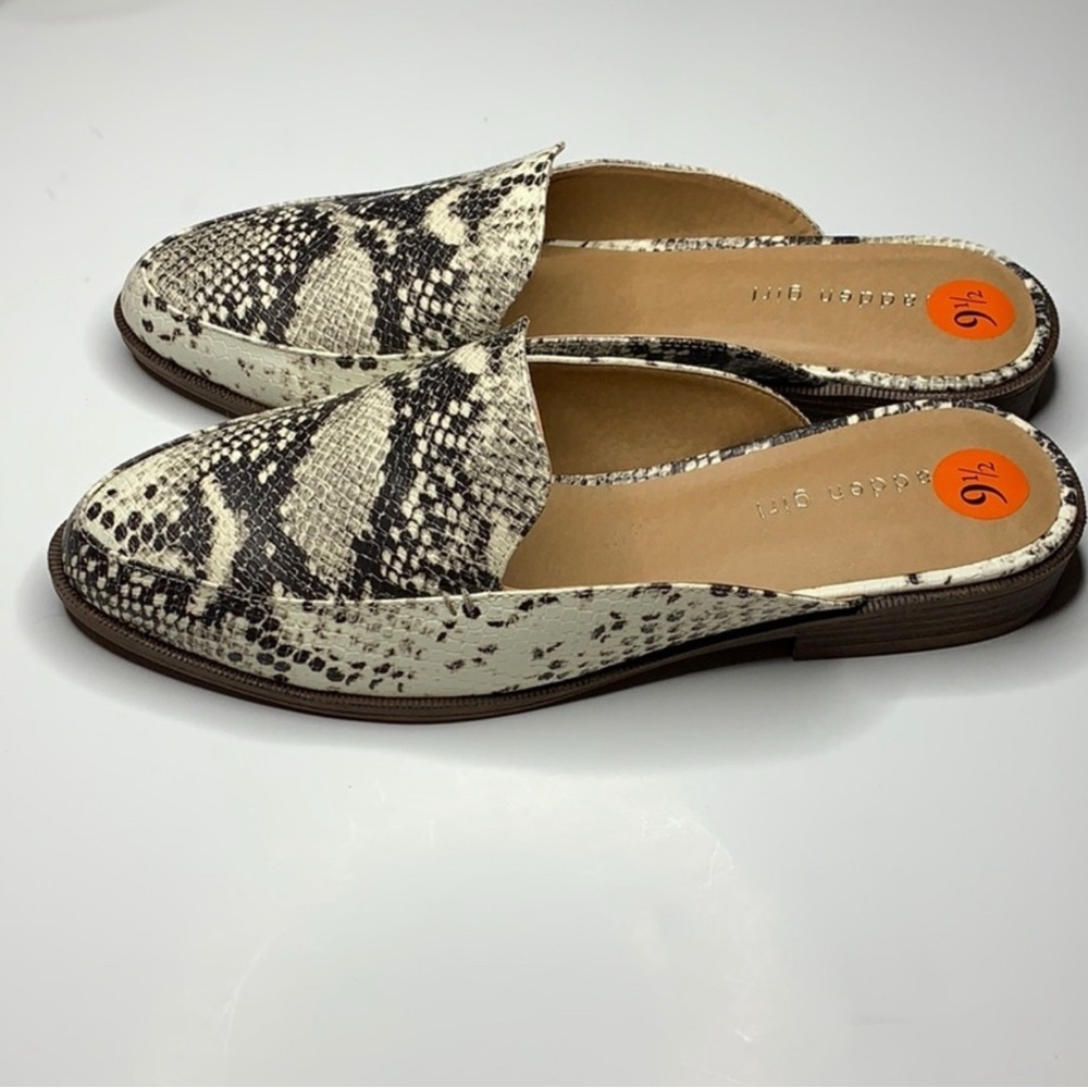 Madden Girl Black and White Snakeskin Mules